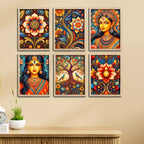 Colorful Floral Art & Royal Woman Wall Frame Set of Six