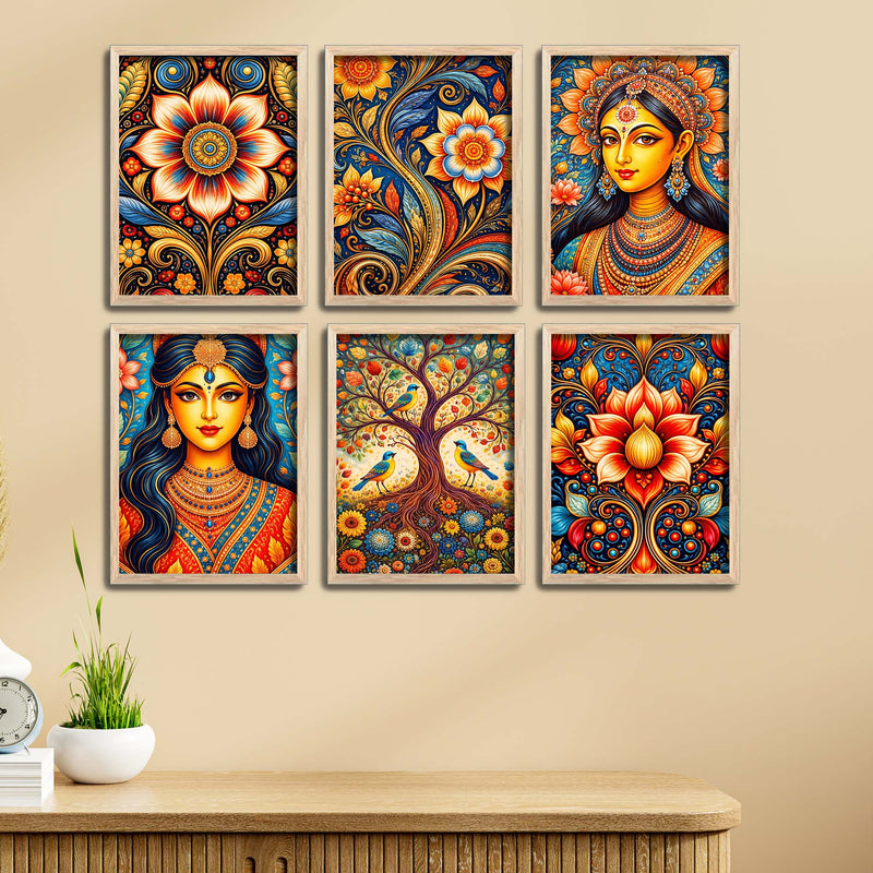 Colorful Floral Art & Royal Woman Wall Frame Set of Six