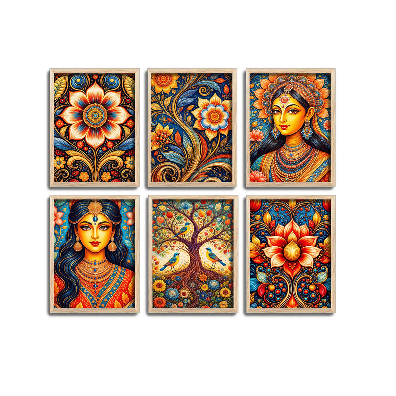 Colorful Floral Art & Royal Woman Wall Frame Set of Six