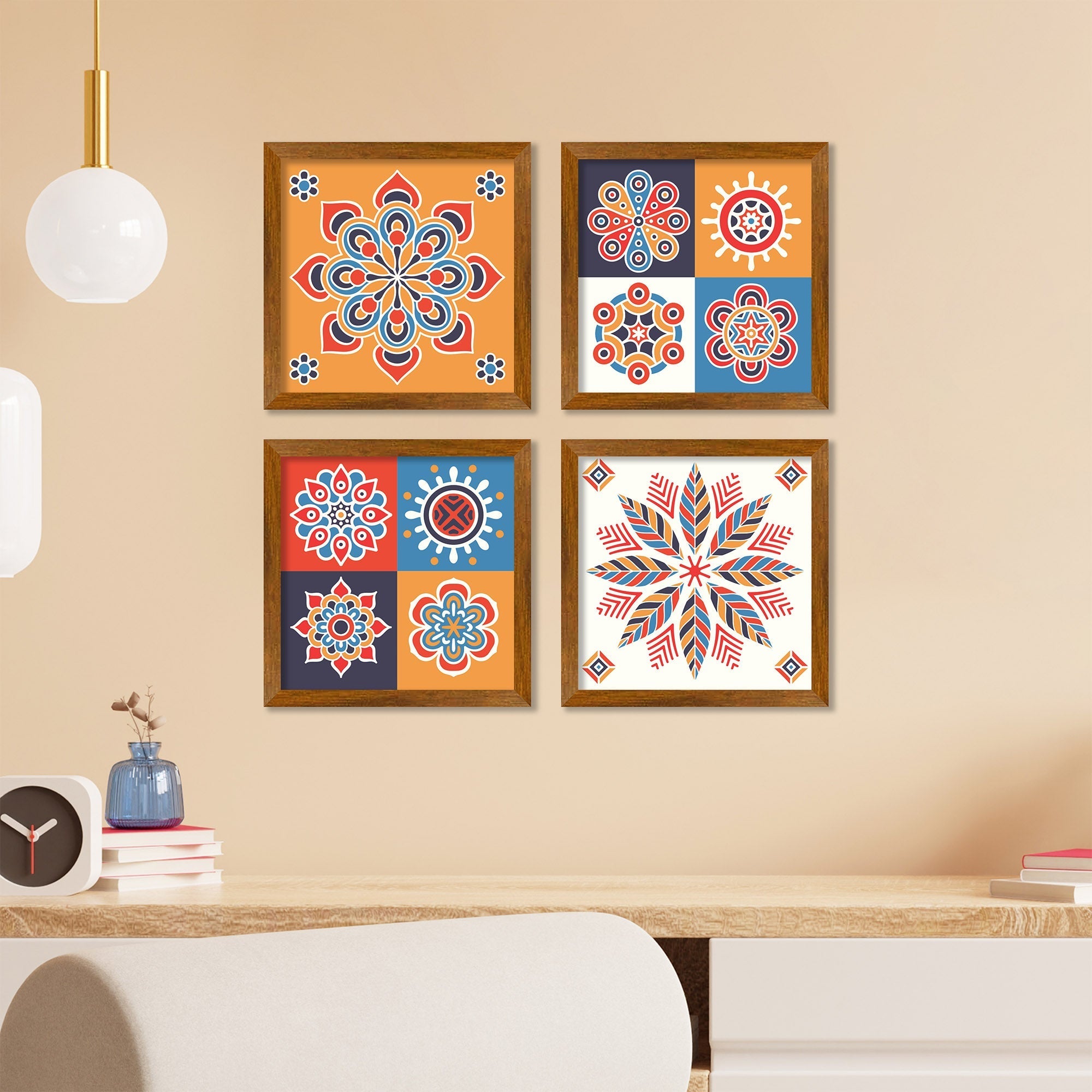 Colorful Floral Mandala Pattern Wooden Wall Frame Set of Four