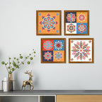 Colorful Floral Mandala Pattern Wooden Wall Frame Set of Four