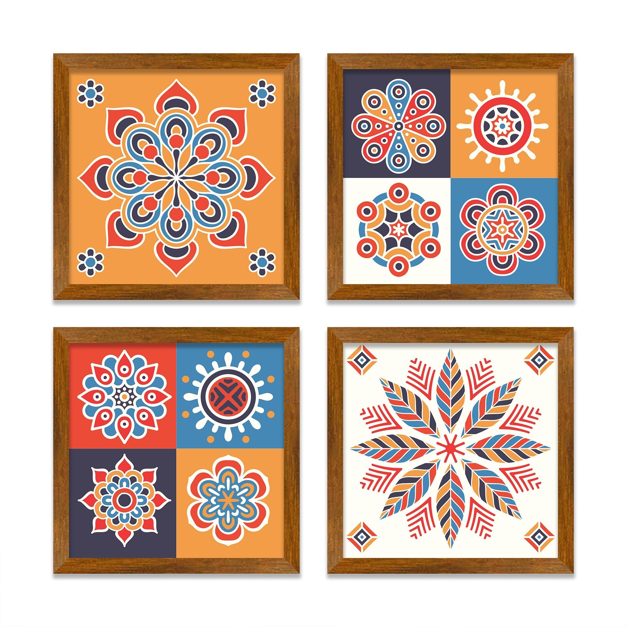 Colorful Floral Mandala Pattern Wooden Wall Frame Set of Four