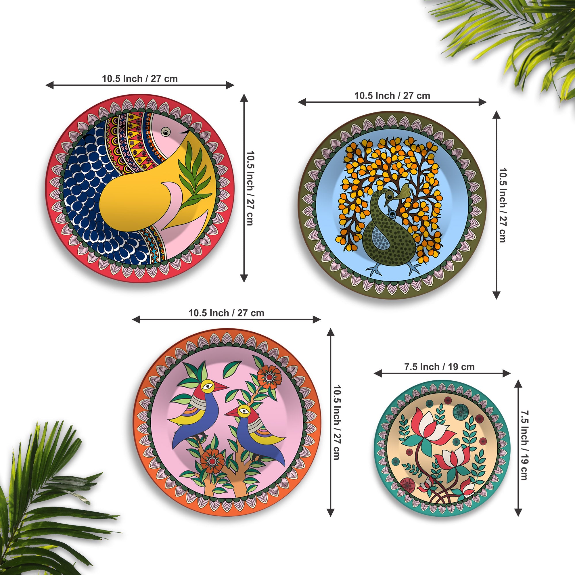Colorful Folk Birds & Blooms Premium Wall Plates Painting Set of Four