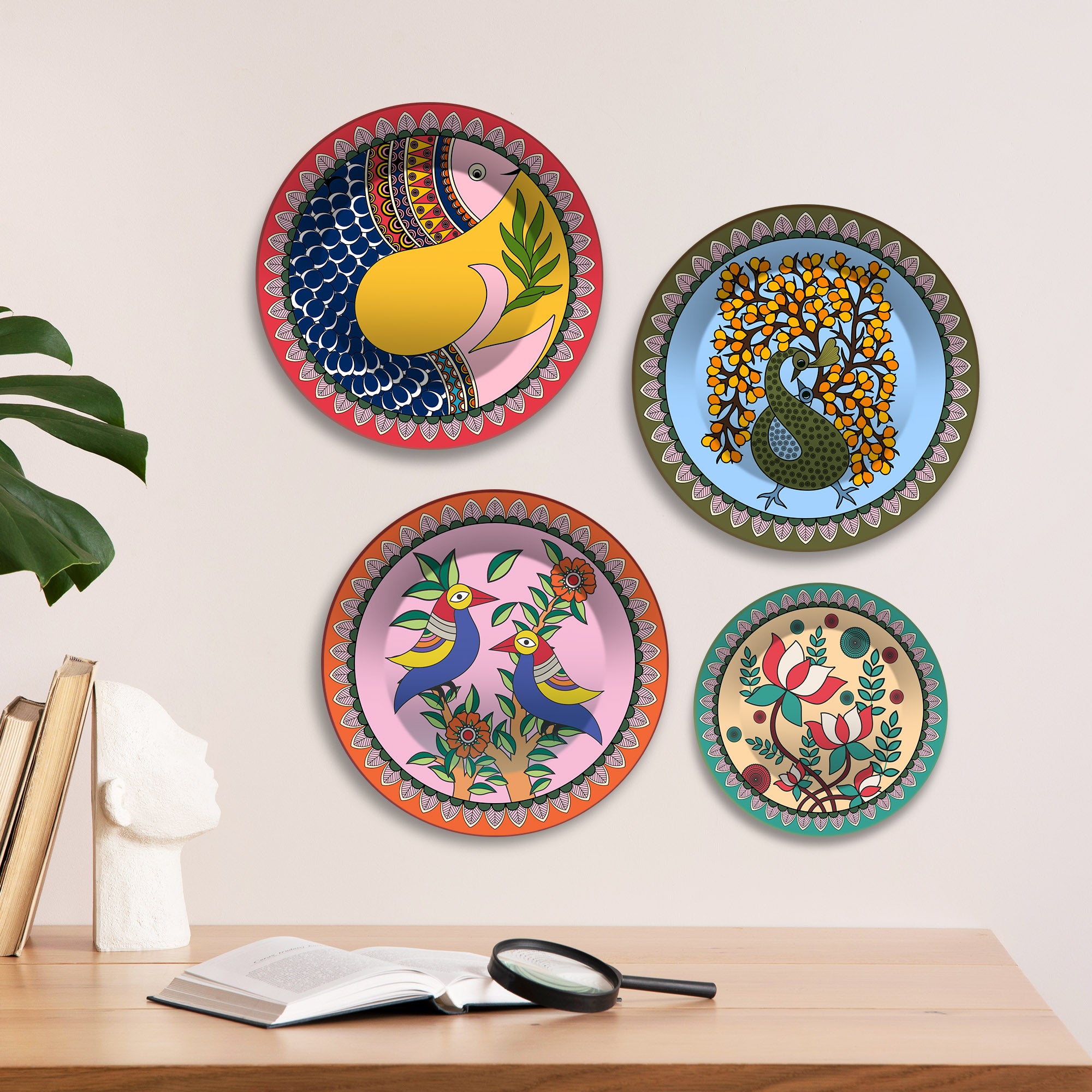 Colorful Folk Birds & Blooms Premium Wall Plates Painting Set of Four
