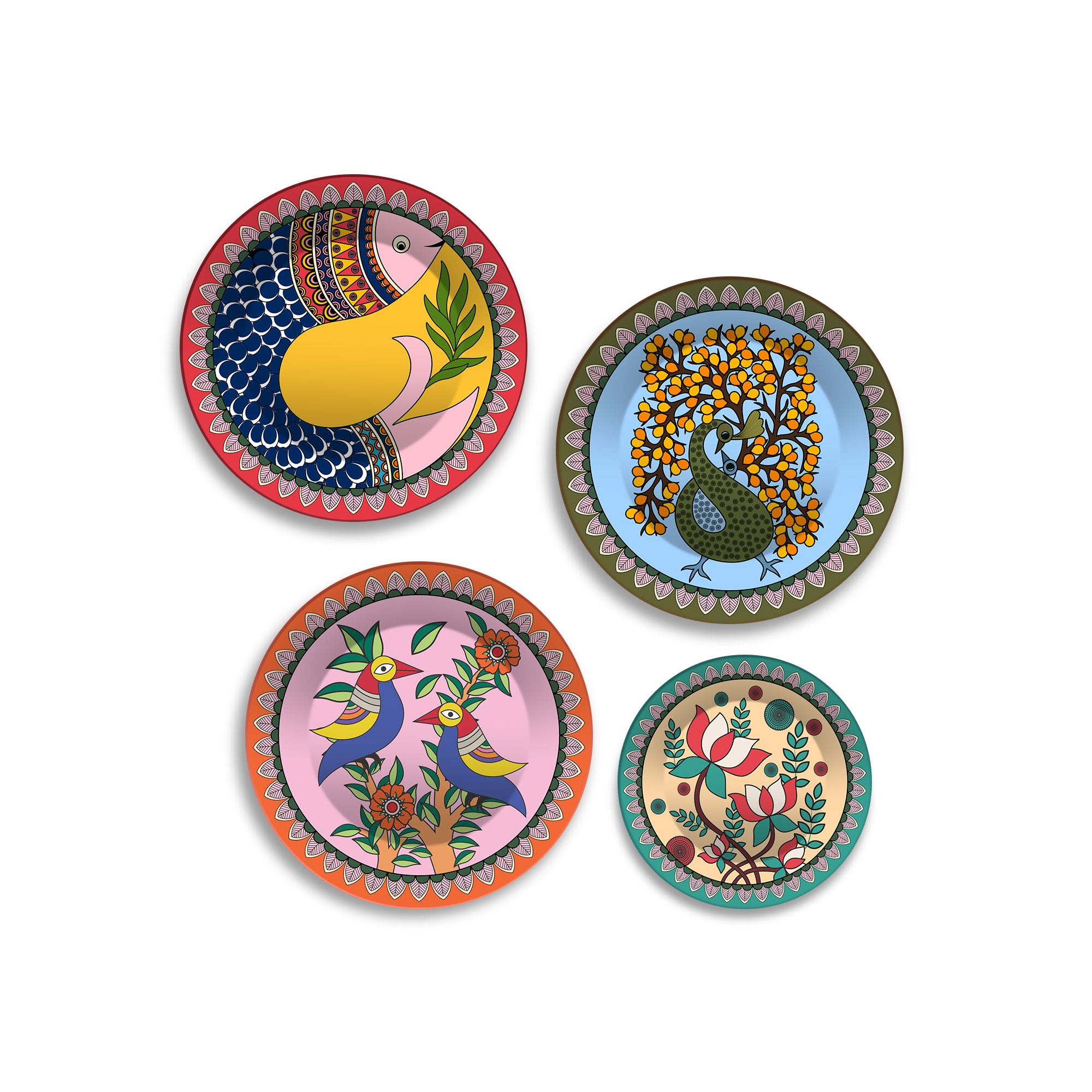 Colorful Folk Birds & Blooms Premium Wall Plates Painting Set of Four