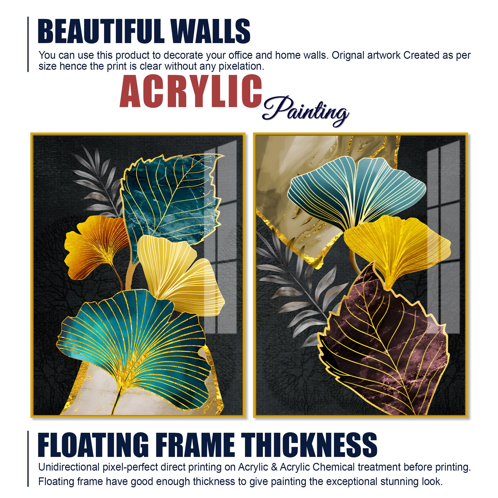 Colorful Ginkgo Leaves Acrylic Art Floating Wall Painting Set of 2