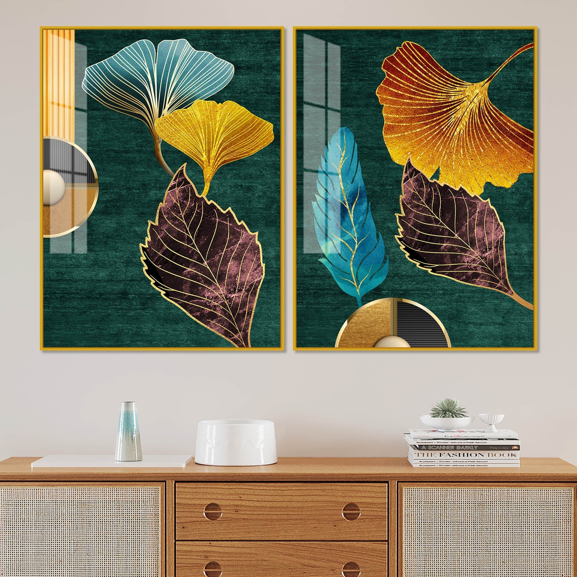 Colorful Golden Lines Leaves Acrylic Floating Wall Painting Set of 2