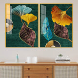 Colorful Golden Lines Leaves Acrylic Floating Wall Painting Set of 2