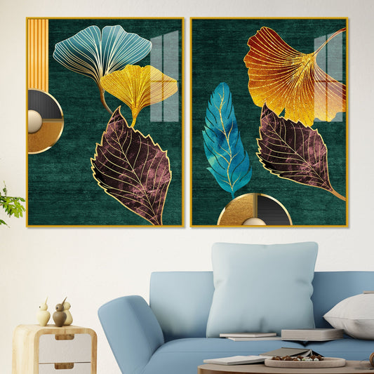 Colorful Golden Lines Leaves Acrylic Floating Wall Painting Set of 2