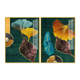 Colorful Golden Lines Leaves Acrylic Floating Wall Painting Set of 2