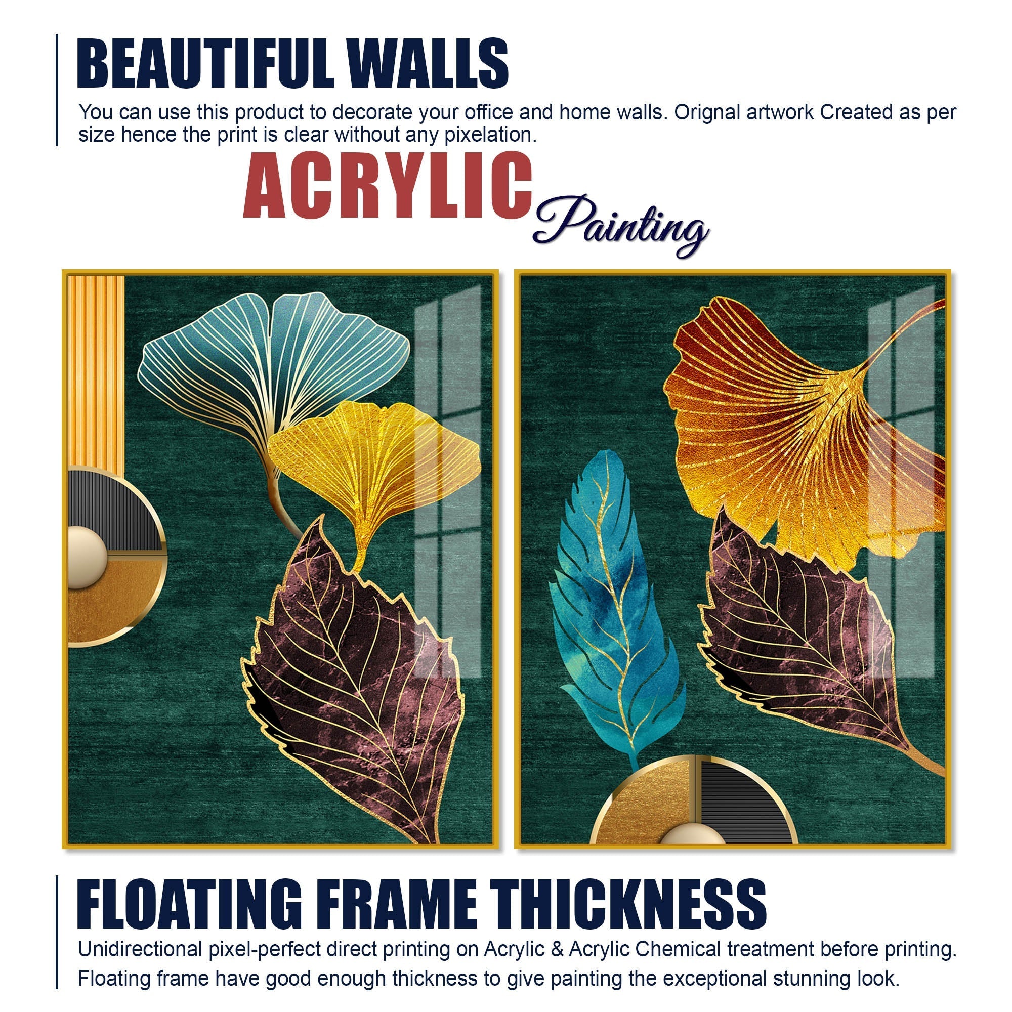 Colorful Golden Lines Leaves Acrylic Floating Wall Painting Set of 2