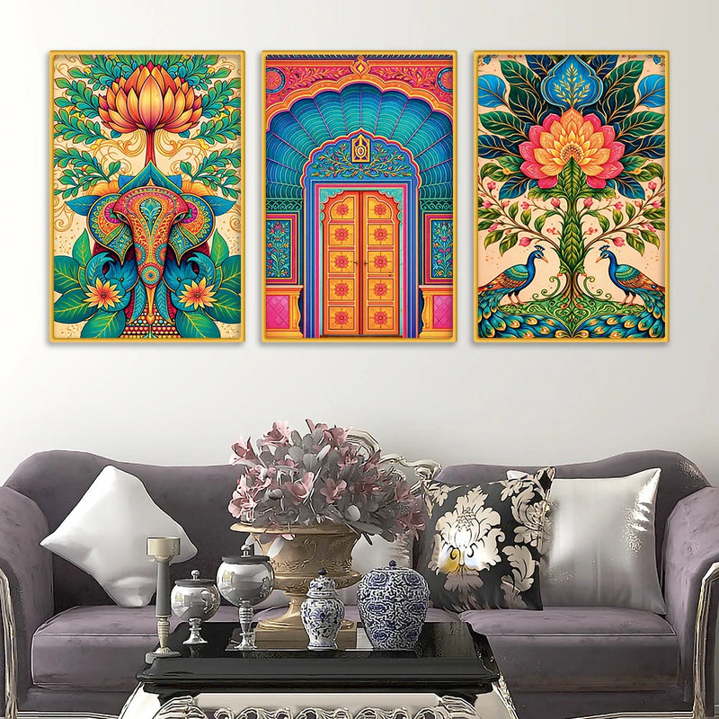 Colorful Indian Art Canvas Wall Painting Set of Three