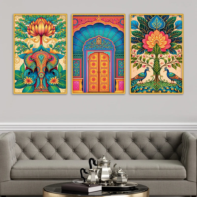 Colorful Indian Art Canvas Wall Painting Set of Three