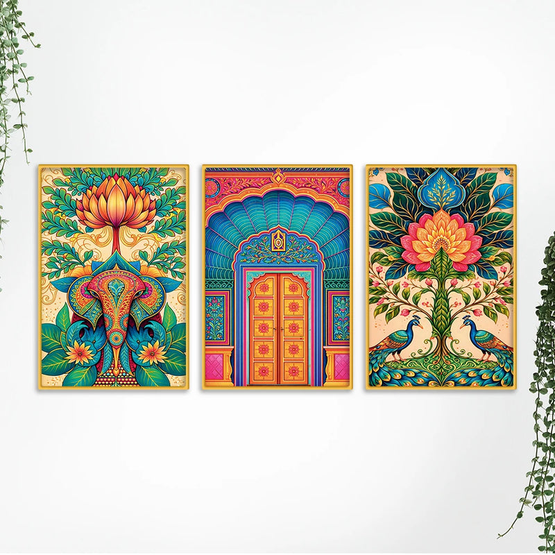 Colorful Indian Art Canvas Wall Painting Set of Three