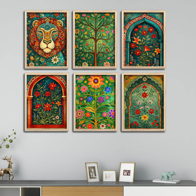 Colorful Indian Floral Garden Artwork Wall Frame Set of Six