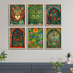 Colorful Indian Floral Garden Artwork Wall Frame Set of Six