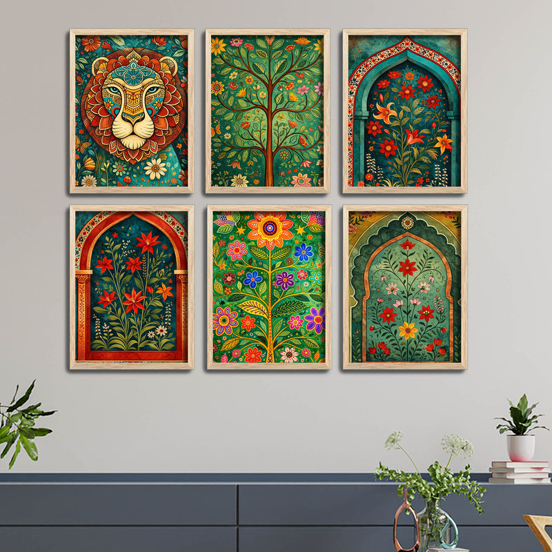 Colorful Indian Floral Garden Artwork Wall Frame Set of Six