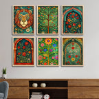 Colorful Indian Floral Garden Artwork Wall Frame Set of Six