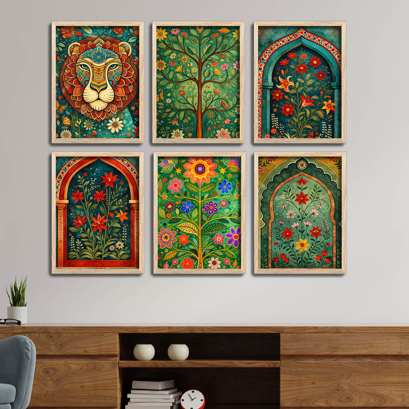 Colorful Indian Floral Garden Artwork Wall Frame Set of Six