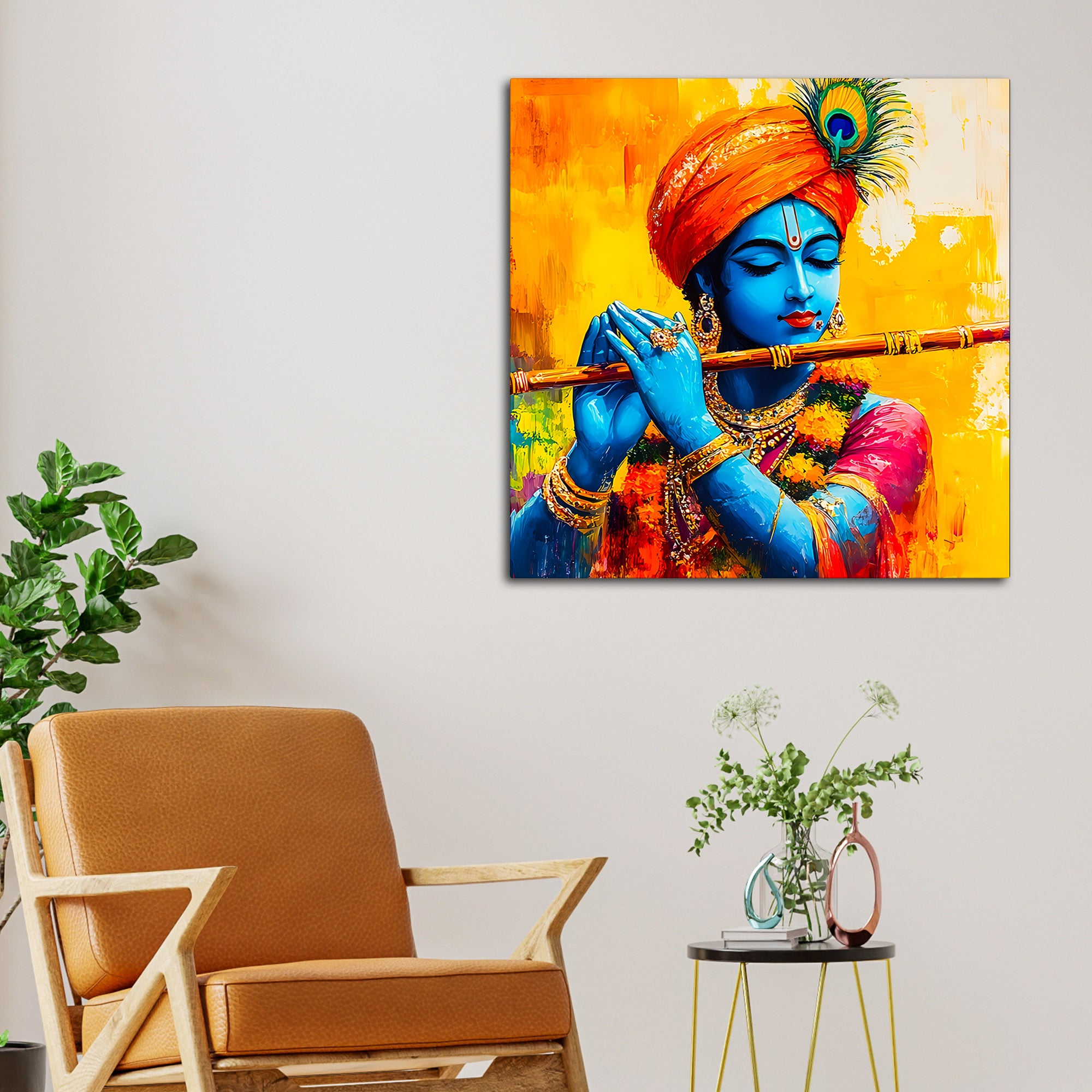 Colorful Lord Krishna Canvas Wall Painting for Living Room Interior – Modern Devotional Canvas Wall Art