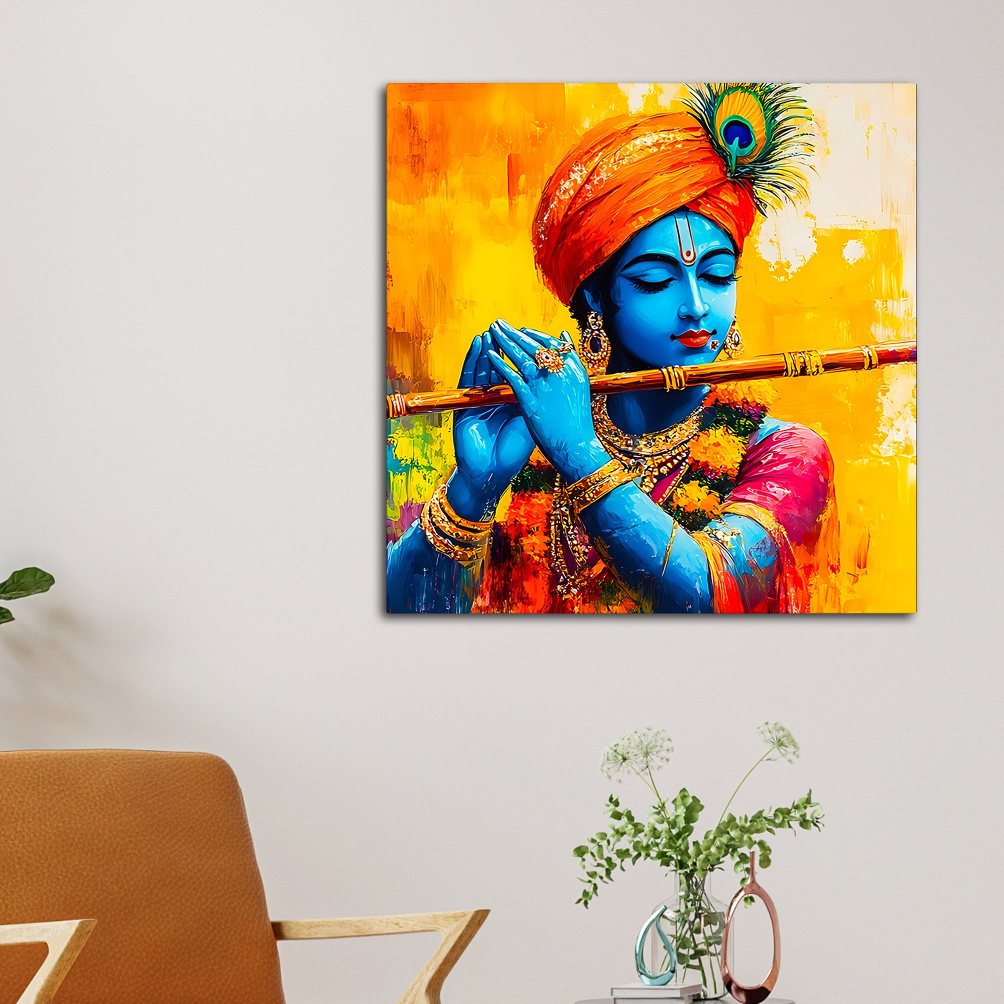 Colorful Lord Krishna Canvas Wall Painting for Living Room Interior – Modern Devotional Canvas Wall Art