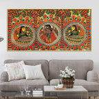 Colorful Madhubani Krishna Leela Canvas Wall Painting