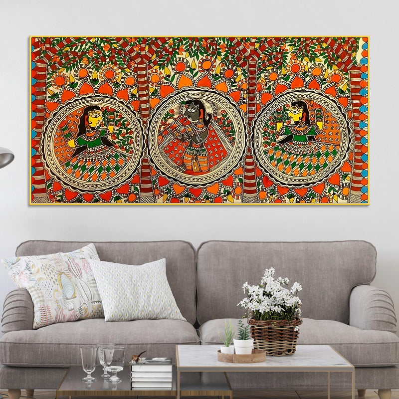 Colorful Madhubani Krishna Leela Canvas Wall Painting