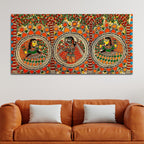 Colorful Madhubani Krishna Leela Canvas Wall Painting