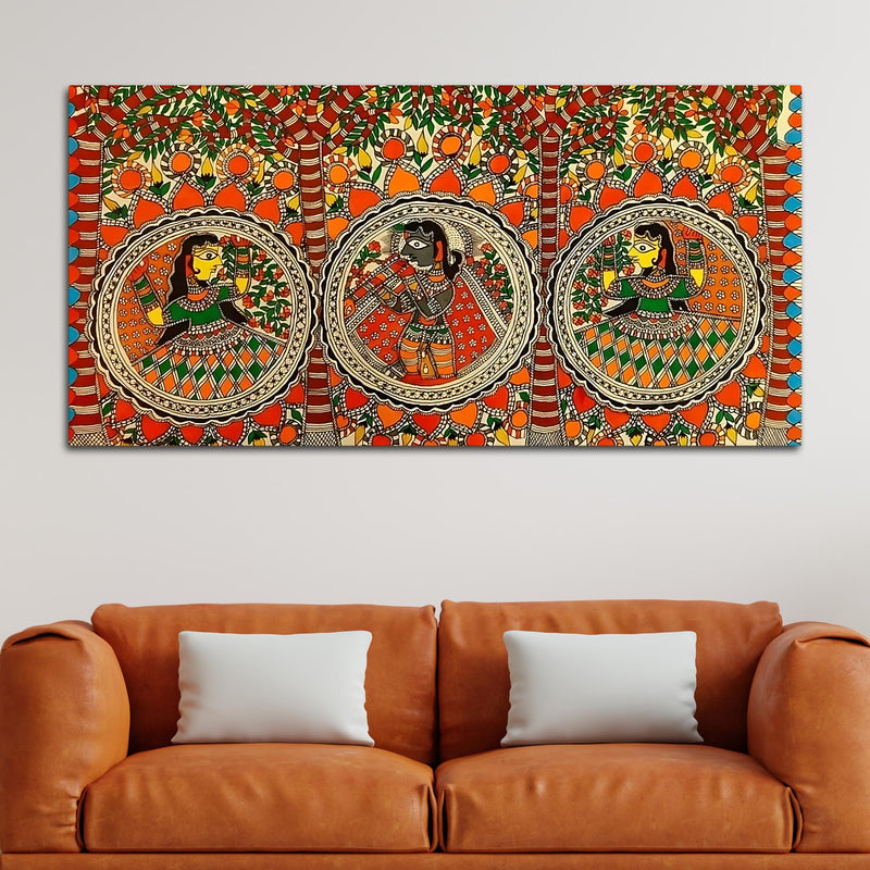 Colorful Madhubani Krishna Leela Canvas Wall Painting