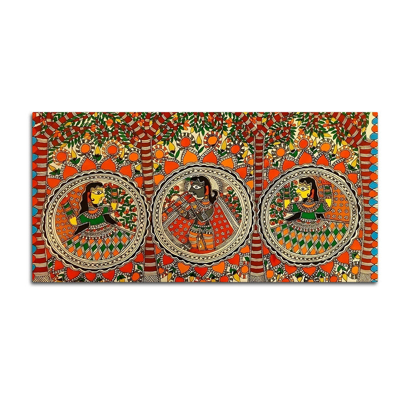 Colorful Madhubani Krishna Leela Canvas Wall Painting