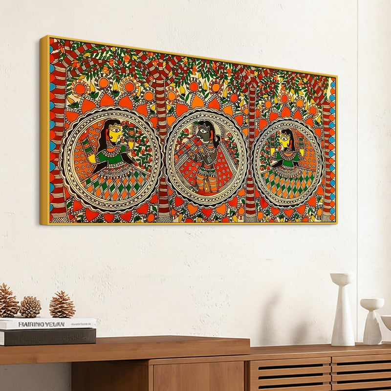 Colorful Madhubani Krishna Leela Canvas Wall Painting