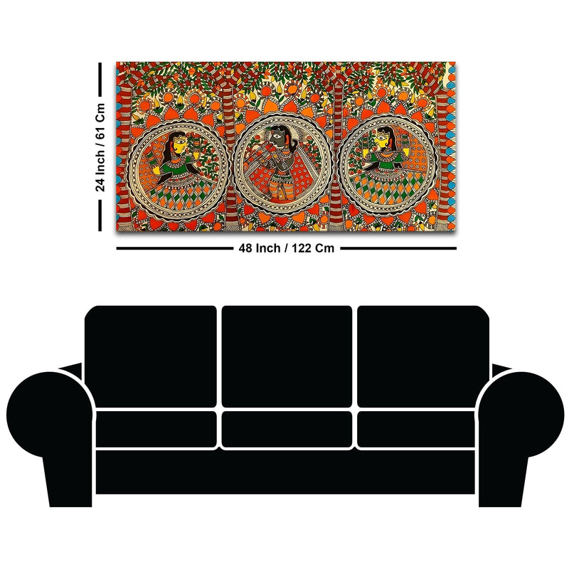 Colorful Madhubani Krishna Leela Canvas Wall Painting
