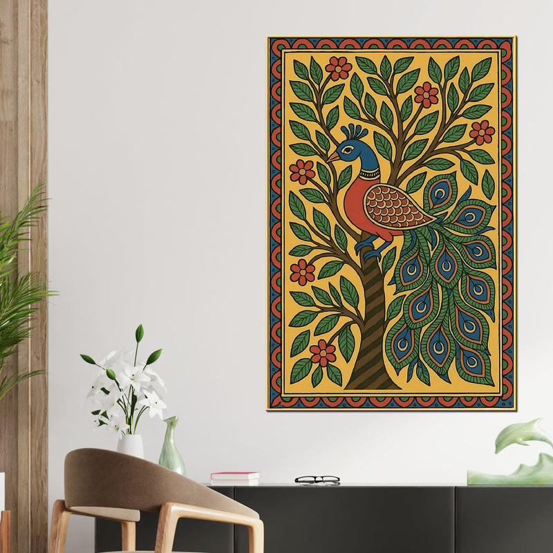 colorful-madhubani-peacock-artwork-canvas-painting