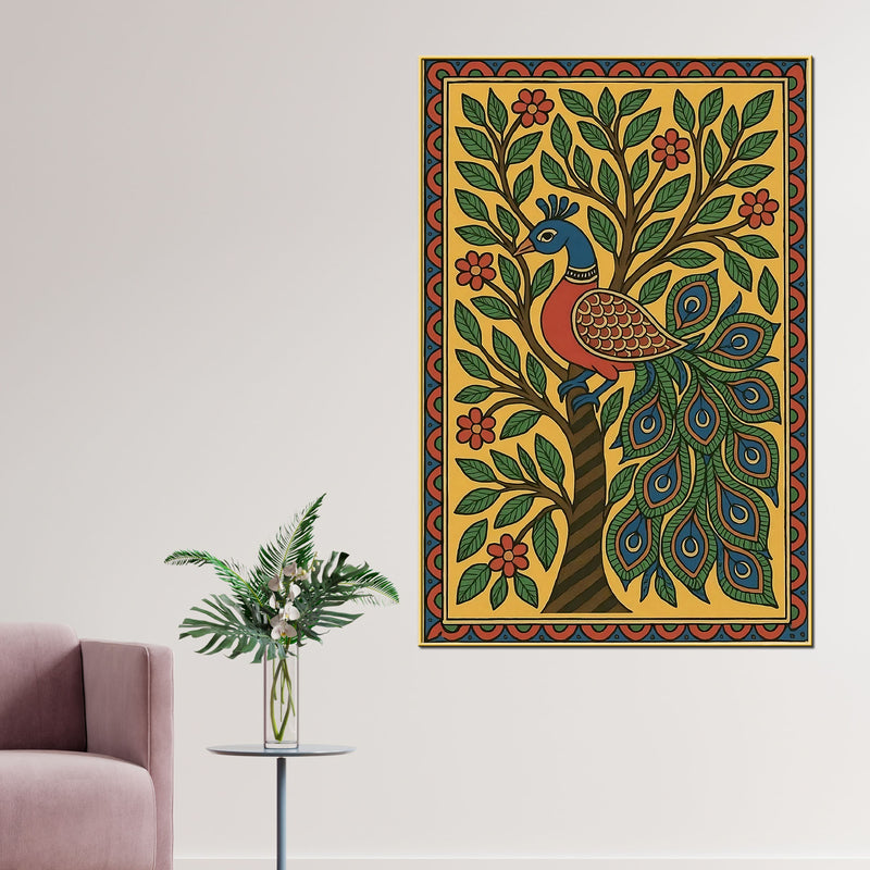 Colorful Madhubani Peacock Artwork Canvas Painting