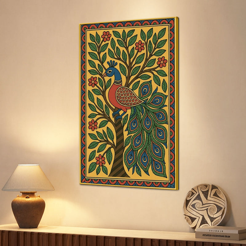 Colorful Madhubani Peacock Artwork Canvas Painting