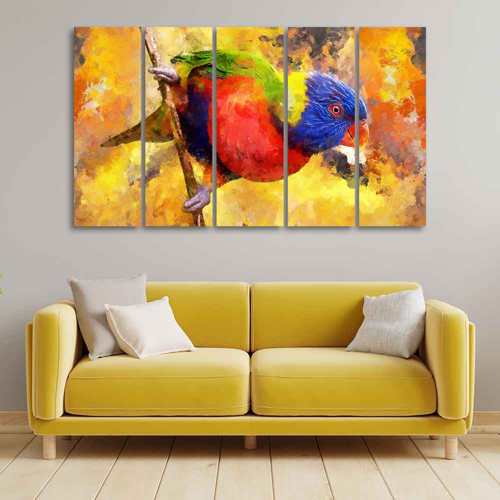 Colorful Parrot Abstract Art Canvas wall Painting of Five Pieces