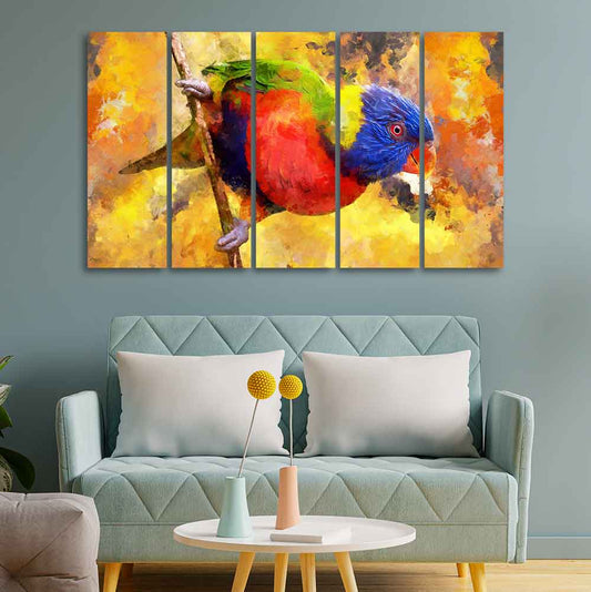 Colorful Parrot Abstract Art Canvas wall Painting of Five Pieces