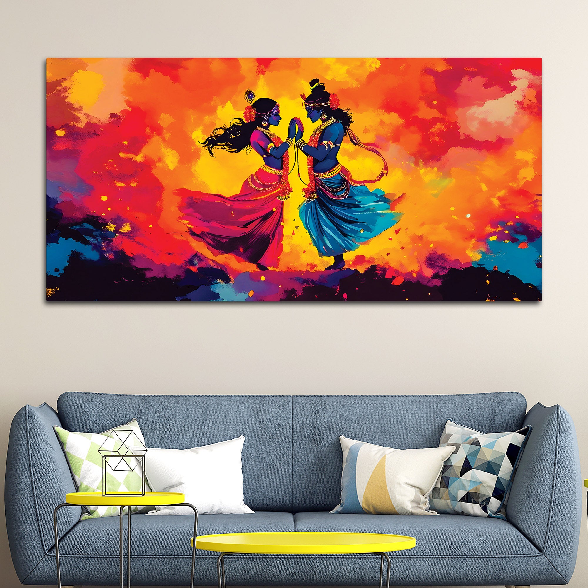 Colorful Radha Krishna Dancing Painting for Modern Interiors
