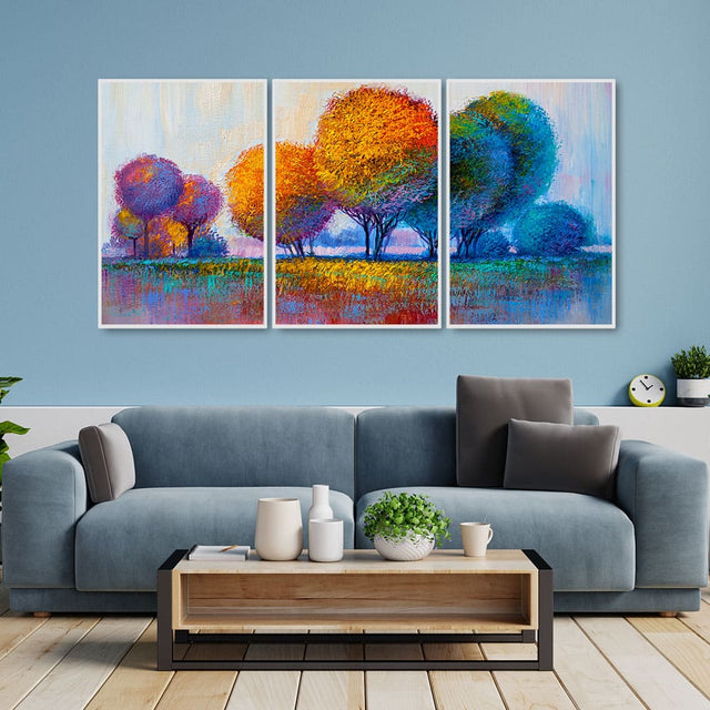 Colorful Rounded Trees Floating Canvas Wall Painting Set of Three