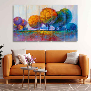 Colorful Trees Premium Canvas Wall Painting of Five Pieces