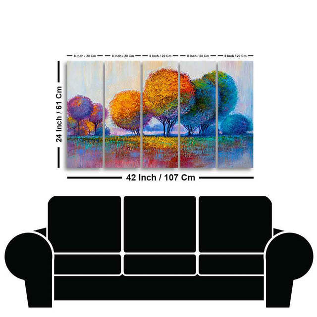 Colorful Trees Premium Canvas Wall Painting of Five Pieces