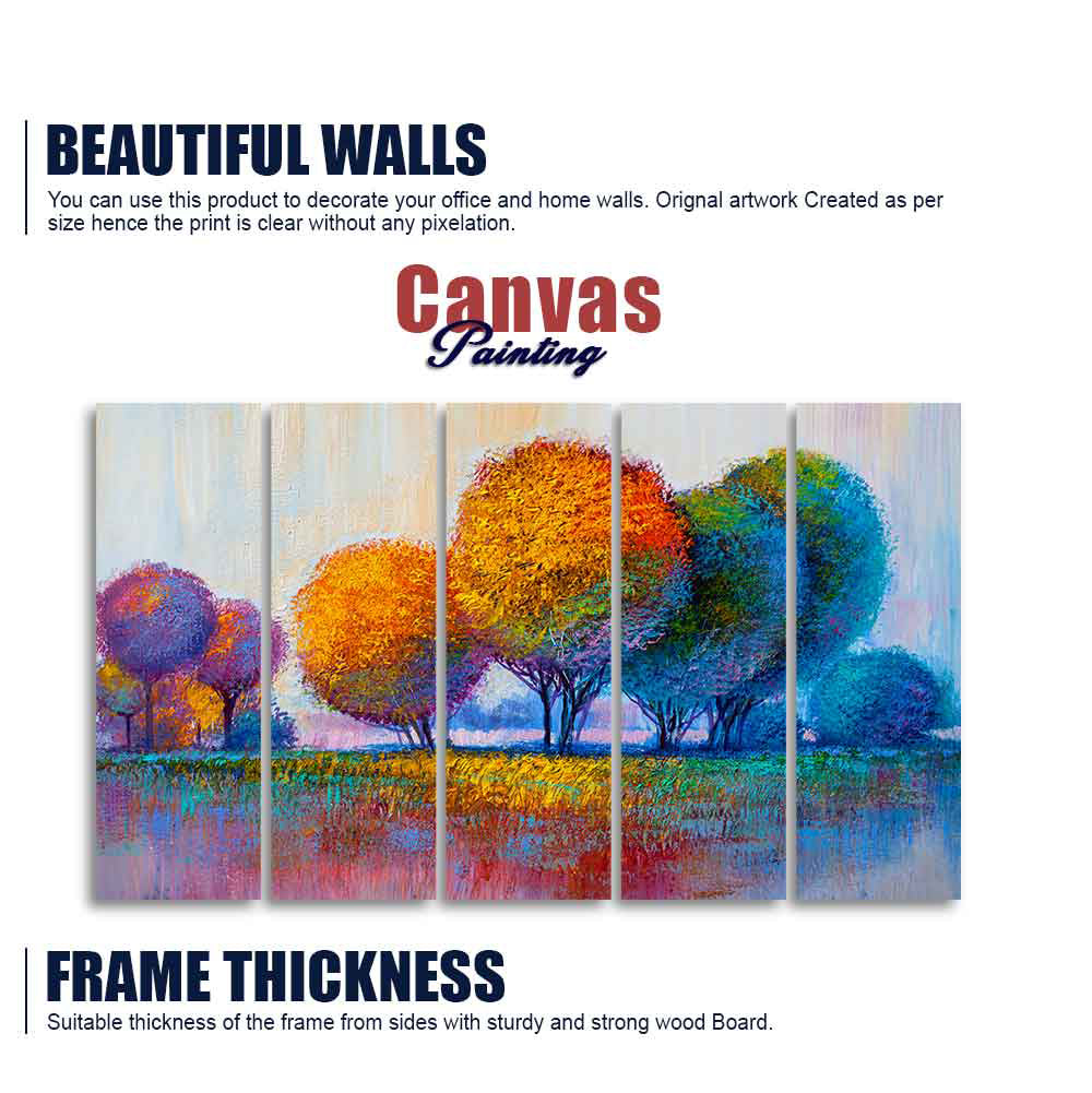 Colorful Trees Premium Canvas Wall Painting of Five Pieces