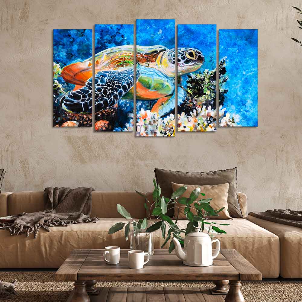 Colorful Turtle Canvas Wall Painting Set of Five