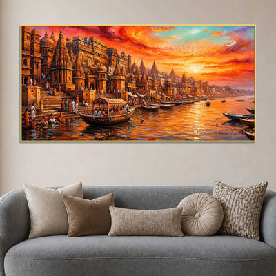 Colorful Varanasi Ghats and Boats Canvas for Office Decor