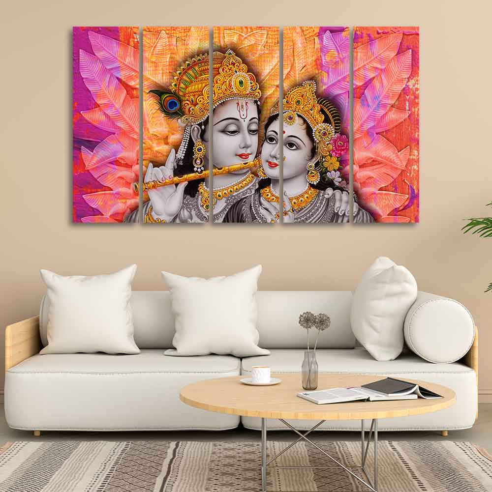 Colorful Wall Painting of Lord Radha Krishna Set of Five Pieces