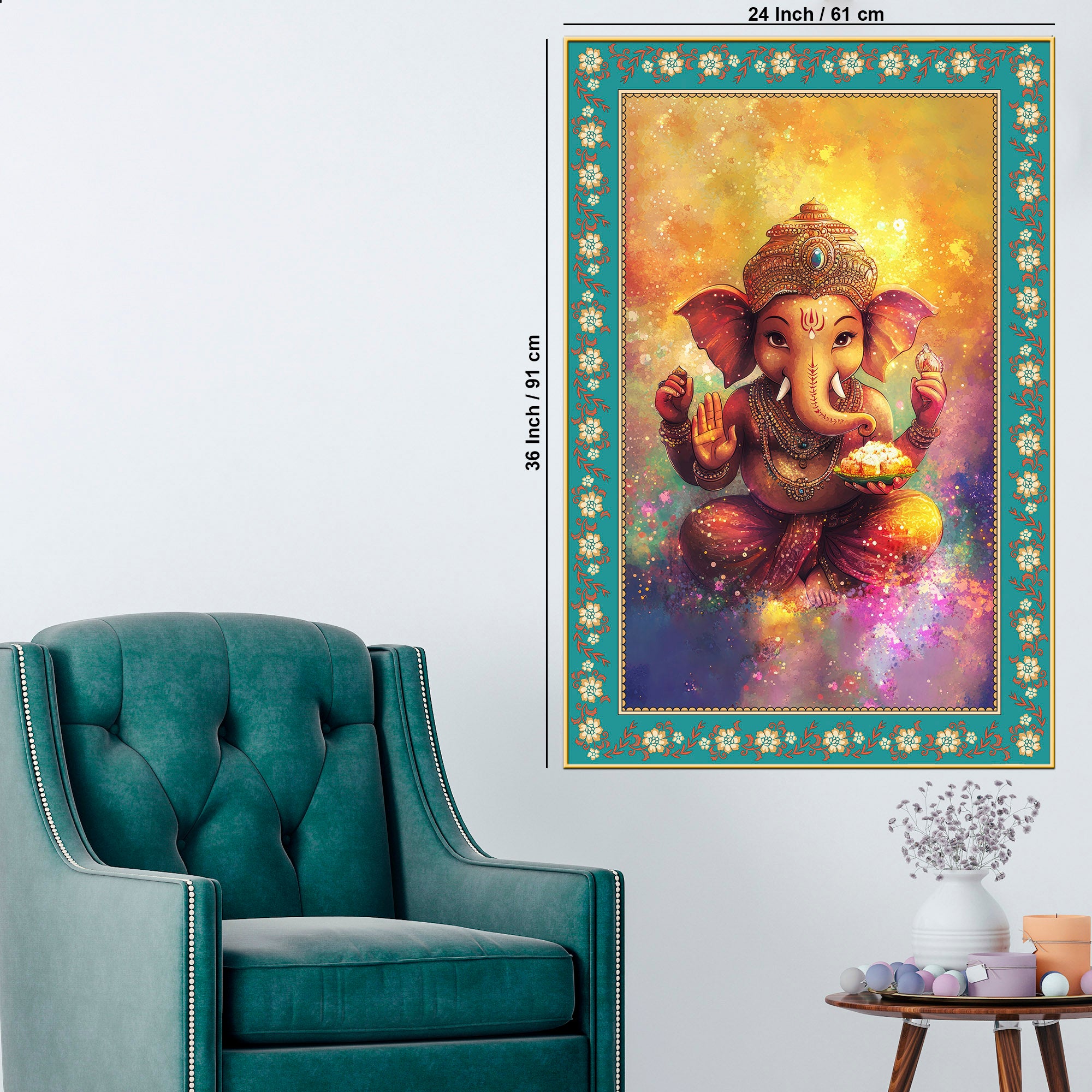 Colors of Lord Ganesha Floral Border Vertical Wall Painting
