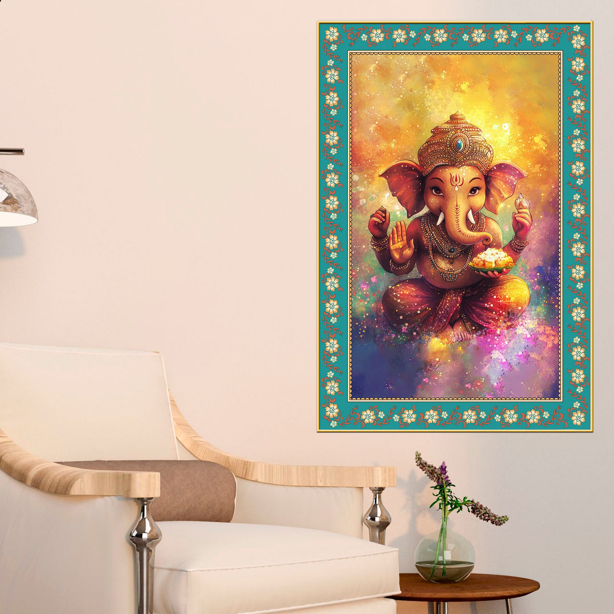 Colors of Lord Ganesha Floral Border Vertical Wall Painting