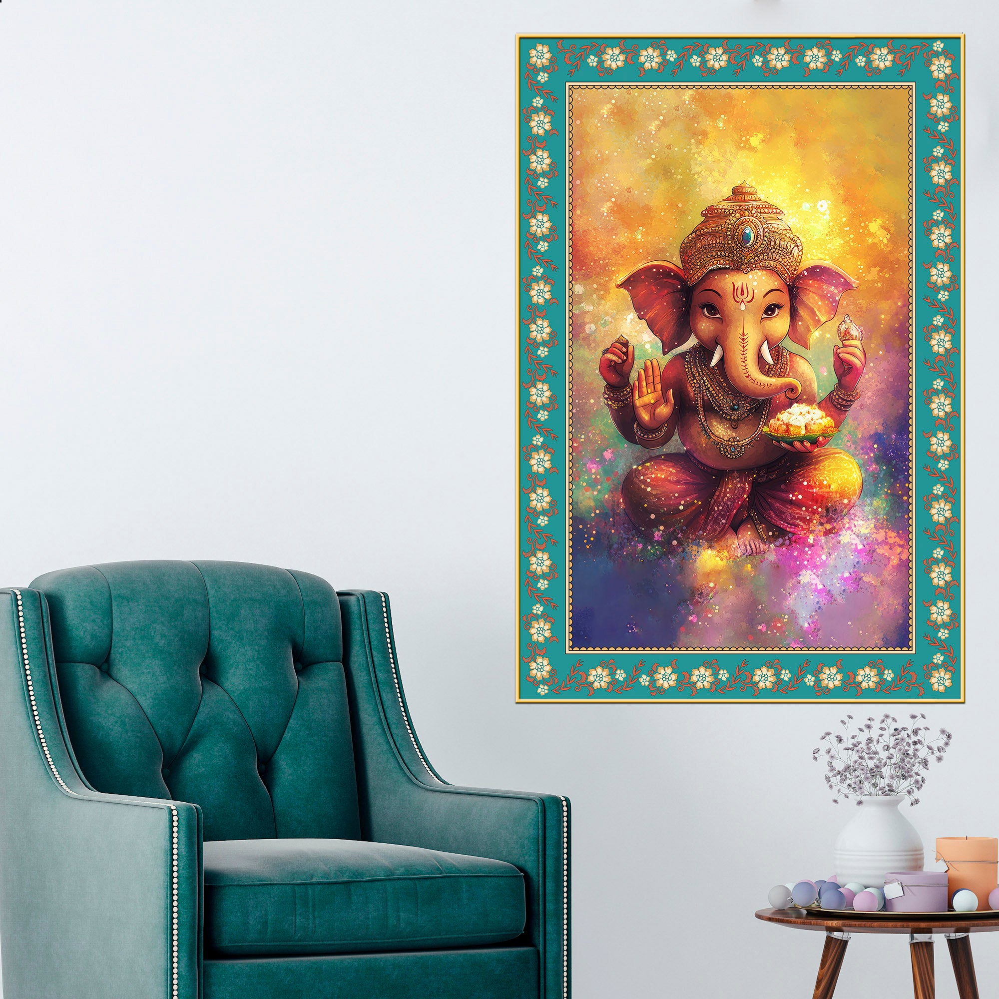 Colors of Lord Ganesha Floral Border Vertical Wall Painting