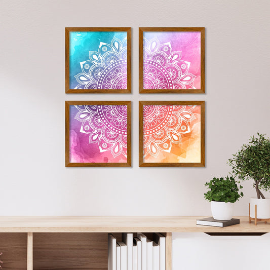 Colourful Mandala Floral Art Wooden Wall Frame Set of Four