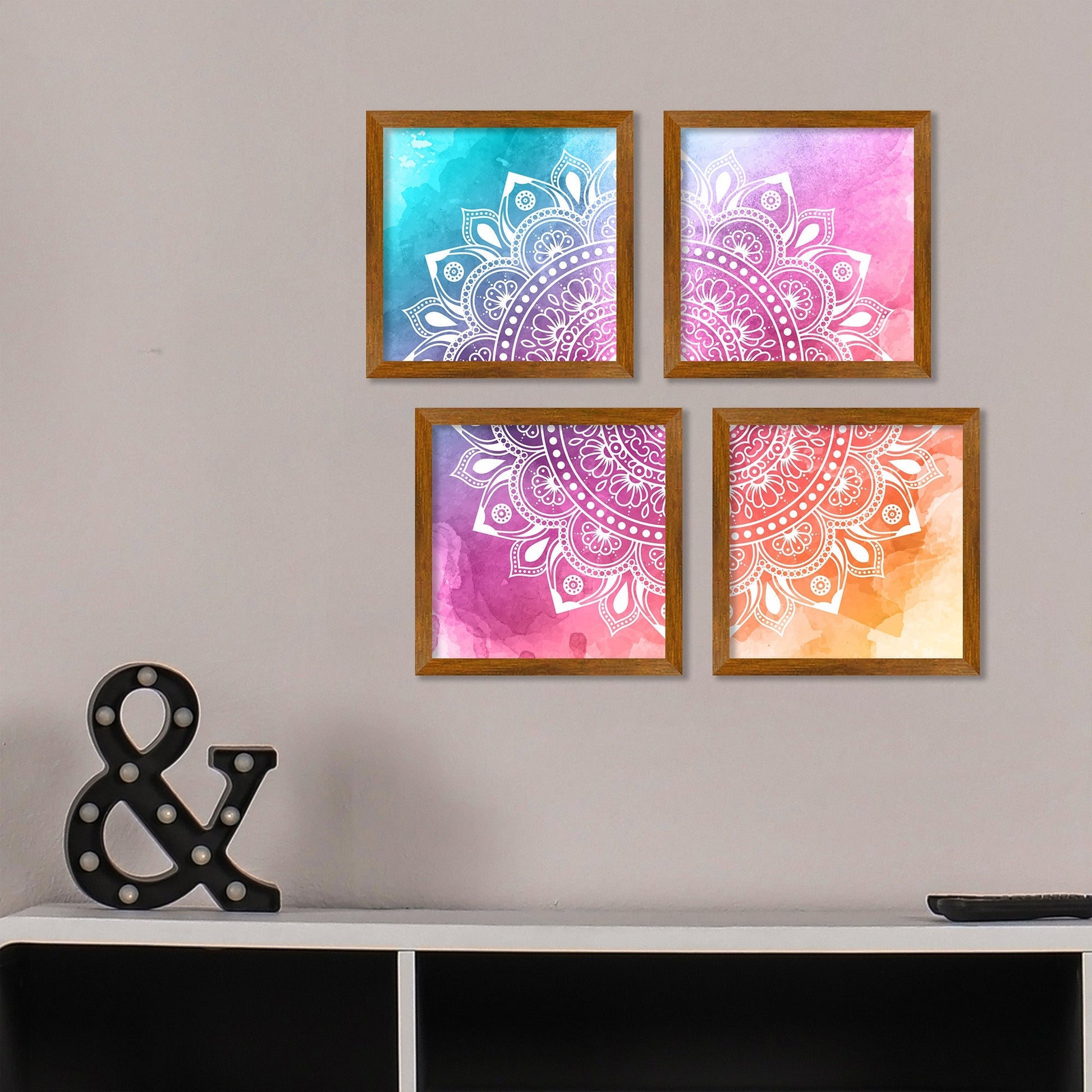 Colourful Mandala Floral Art Wooden Wall Frame Set of Four